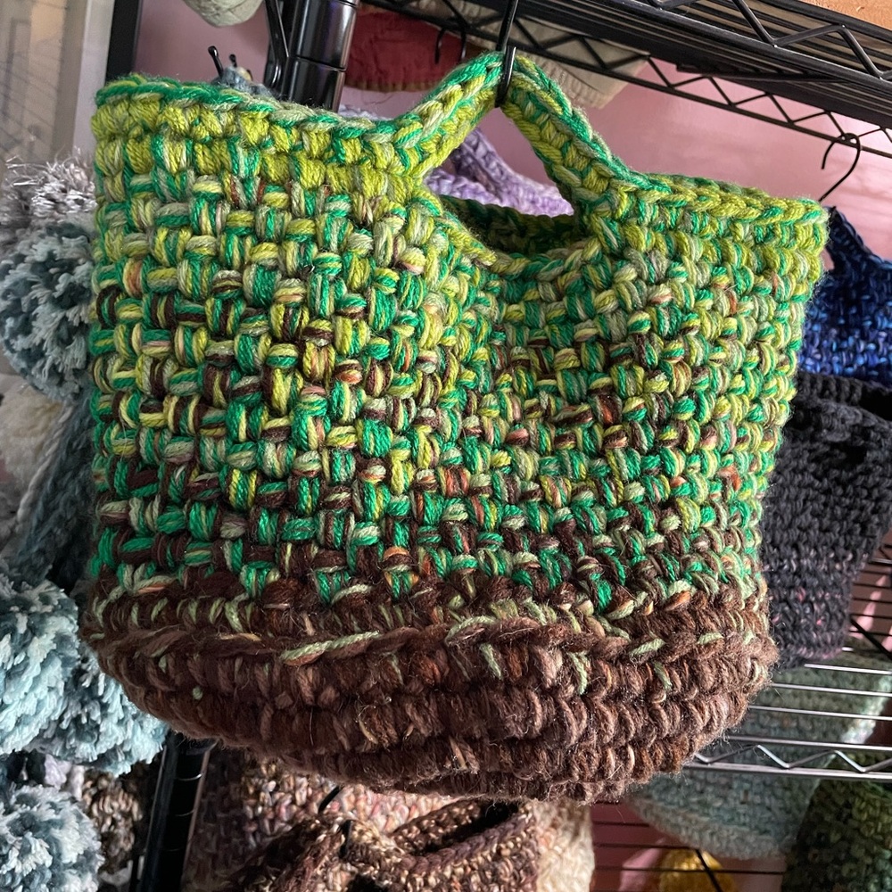 Hand crocheted 🧶 personal sized tote 9” all around approximately. Super cute